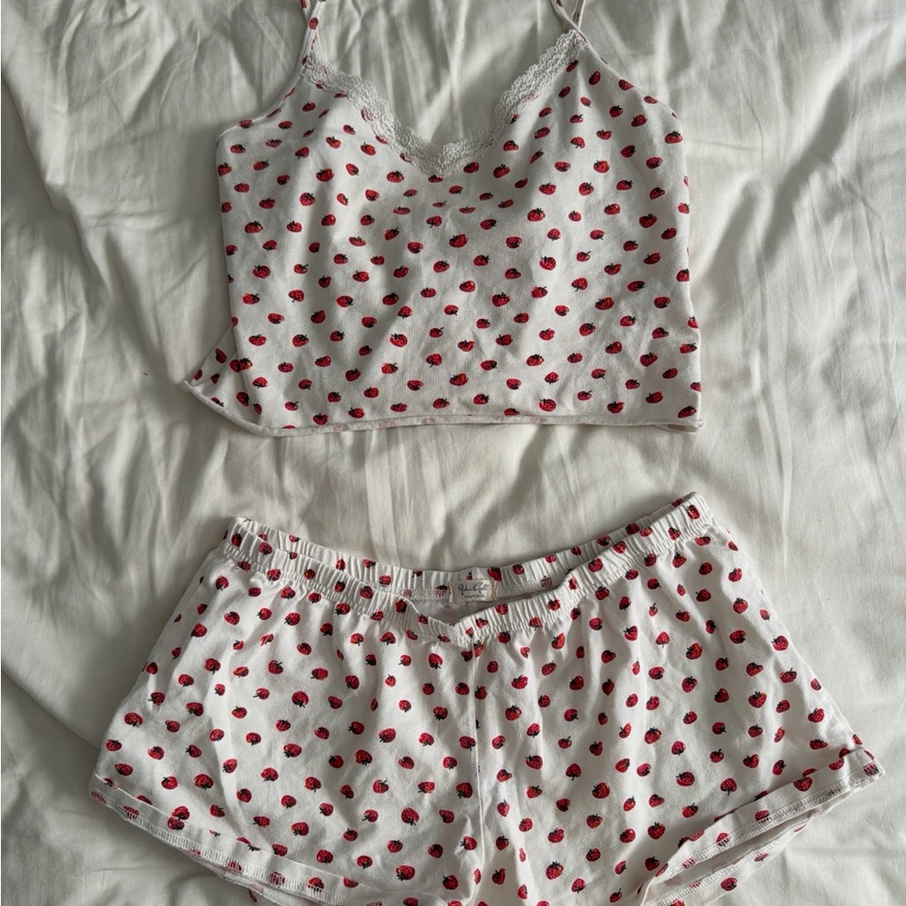 Brandy Melville White Cami & Micro Shorts Sleep Set with Red Strawberry Print